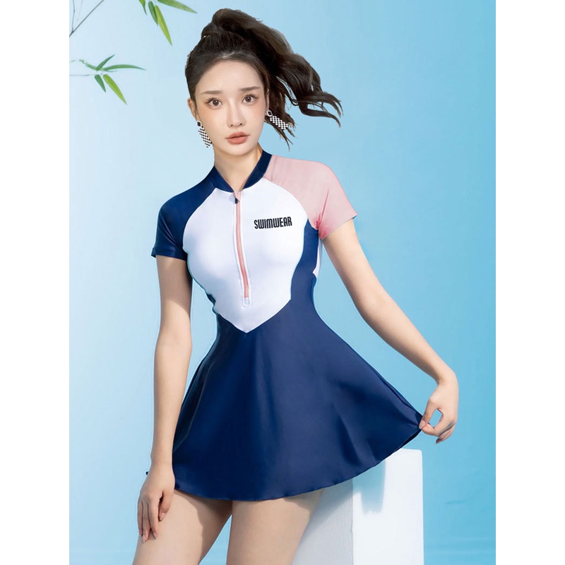 Đồ bơi nữ kín đáo tay ngắn CÓ MÚT CÓ SIZE-Bikini đi biển 2 mảnh có tay váy xoè- đồ bơi học sinh nữ AA7547