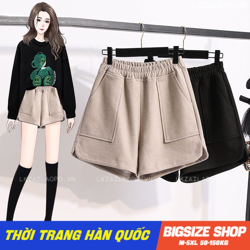 quần short nữ quần ngắn lưng cao Bigsize quần đùi ống rộng suông cạp chun lưng thun chữ a đen mùa thu