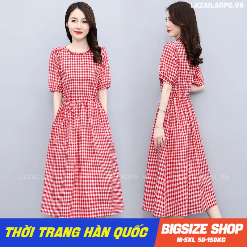 Đầm caro lanh dáng suông tay ngắn cổ tròn che bụng mỡ ôm eo Bigsize Đầm trung niên sang trọng cho mẹ đẹp thời trang Cao Cấp