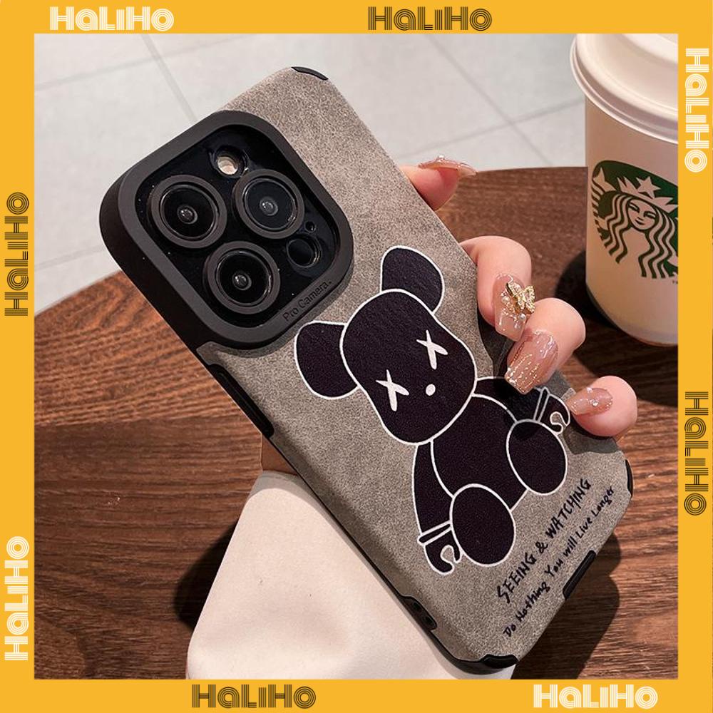 Ốp lưng iPhone 11 Ốp Lưng Da Veneer Màu Xám Vỏ Lông Học Trò Vỏ Mềm Chống Sốc Màu Trắng Cổ Điển Hình Gấu Hoạt Hình Tương thích với iPhone 14 Pro max 13 Pro max 12 Pro Max XR XS 7Plus 8Plus