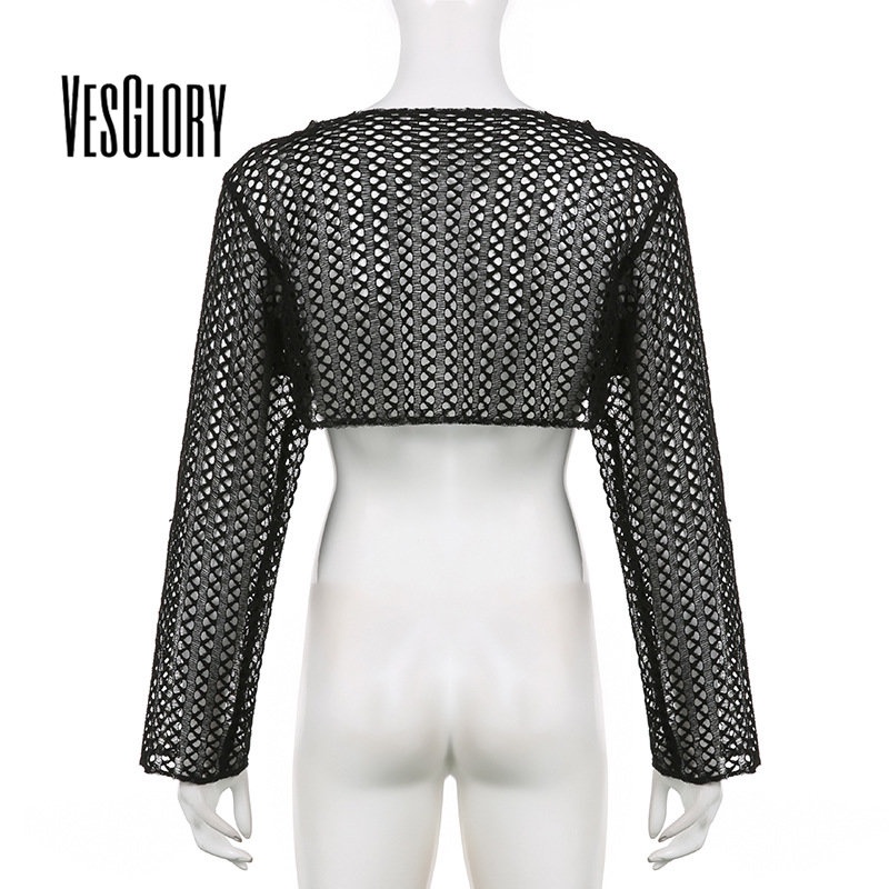 Áo croptop VESGLORY vải lưới tay dài cổ tròn màu trơn thời trang 2023 cho nữ