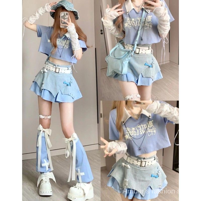 Set Áo Thun Ngắn Tay + Chân Váy Denim Lưng Cao Phối Màu Dễ Thương Thời Trang Mùa Hè Cho Bé Gái