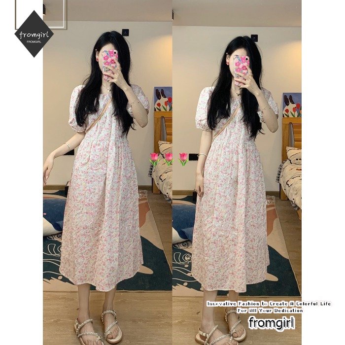 Đầm Hồng Chiết Eo Họa Tiết Hoa Ngọt Ngào Phong Cách Hàn Quốc