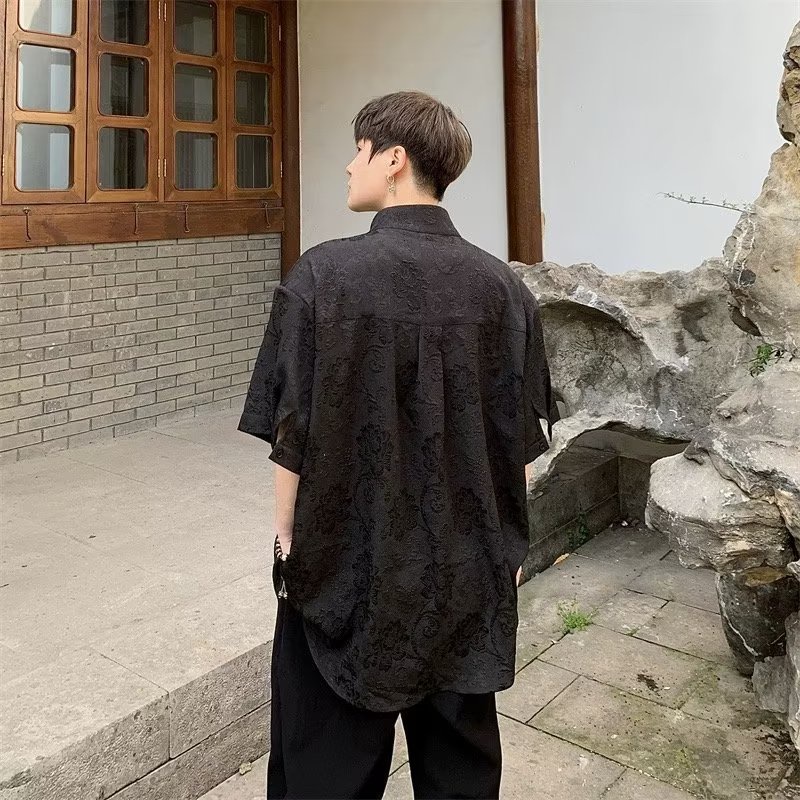 Áo Sơ Mi Ngắn Tay Cổ Đứng Cài Nút Dập Nổi Họa Tiết Phong Cách Trung Hoa