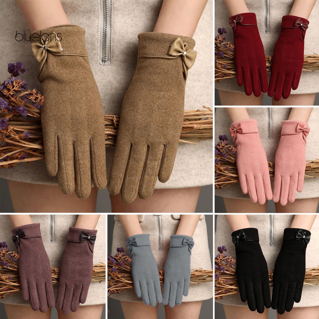 1 Đôi Găng Tay Lái Xe Vải Lông Cừu Dày Màu Trơn Trang Trí Nơ Có Thể Dùng Màn Hình Cảm Ứng