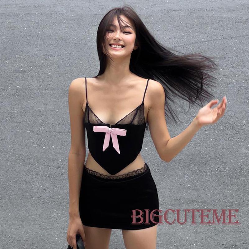 [] - Áo Crop Top Phối Lưới In Hoa Thắt Nơ Tương Phản Co Giãn Cho Nữ Đen