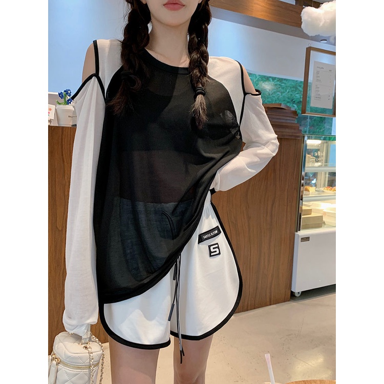 Áo Thun Tay Dài Trễ Vai Mỏng Chống Nắng Phối Màu Tương Phản Thời Trang Mùa Hè Cho Nữ