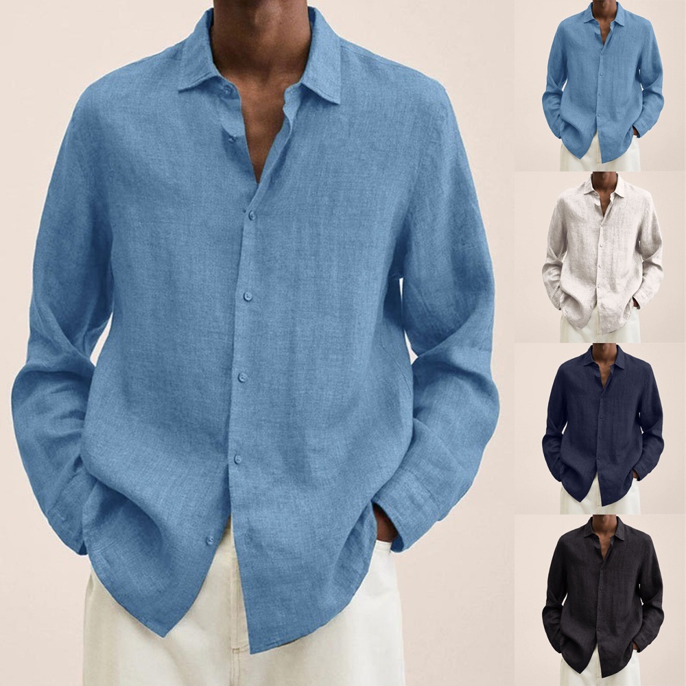 Áo Sơ Mi Cotton Lanh Dài Tay Dáng Rộng Màu Trơn Cài Nút Thời Trang Cho Nam