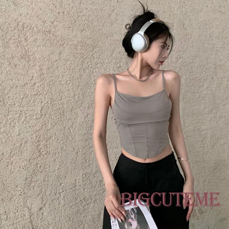 [] - Áo Croptop Không Tay Hở Lưng Có Mút Đệm Cổ Xương Cá Màu Trơn Mùa Hè Đường Phố Cho Nữ