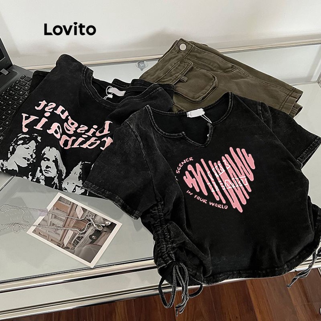 Áo thun Lovito giản dị họa tiết hình trái tim có dây rút cho nữ LNA11144