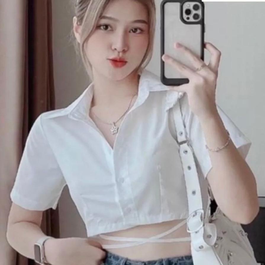 Áo croptop kiểu sơ mi tay ngắn phối dây eo mã 2