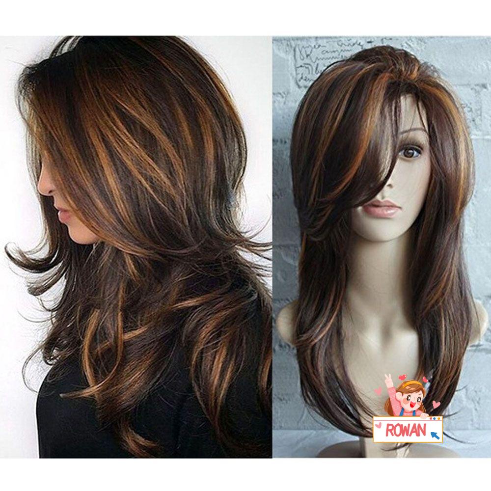 ROWANS Bộ Tóc Giả Nhiều Màu Sắc Không Có Ren Phía Trước Màu Nâu Đậm Cho Nữ