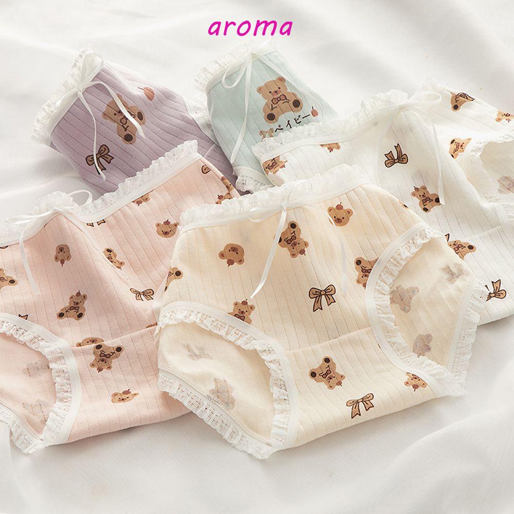 AROMA Quần Lót Thoáng Khí In Họa Tiết Hoạt Hình Phối Ren Đính Nơ Xinh Xắn Cho Nữ