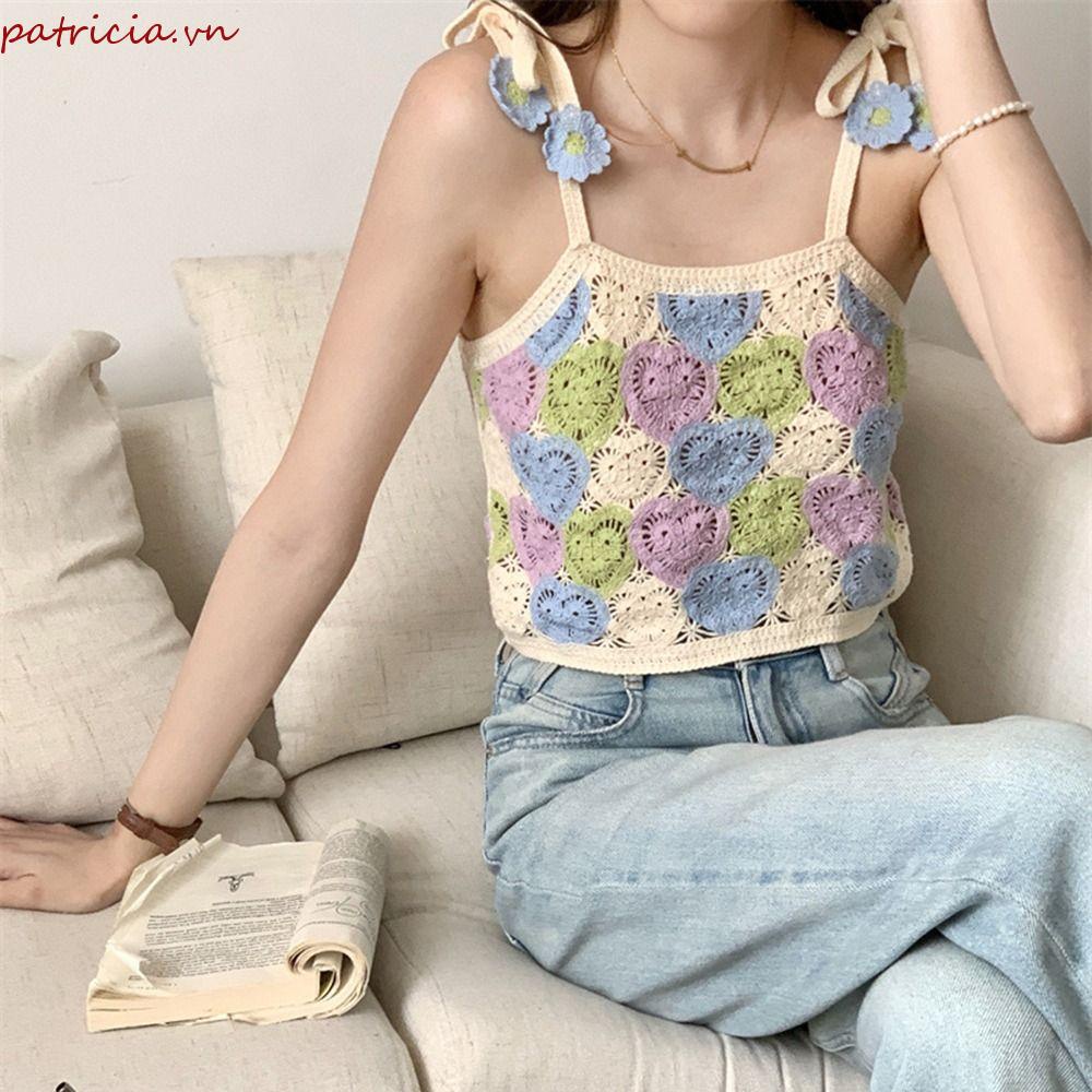 PATRICIA Áo Hai Dây Dệt Kim Họa Tiết Hoa Trái Tim Khoét Vai Thời Trang Mùa Hè Cho Nữ