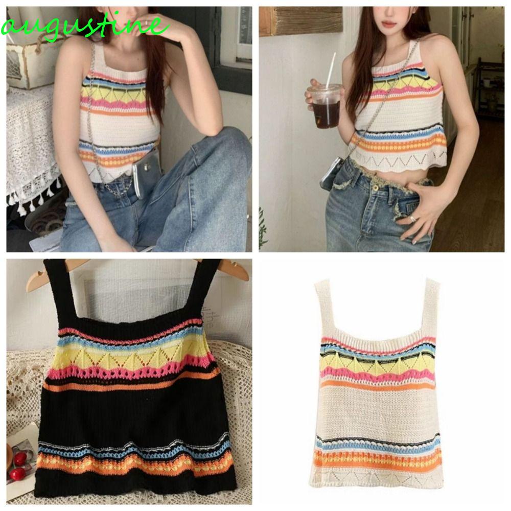 Áo Hai Dây Polyester Dáng Ngắn Màu Cầu Vồng Phong Cách Bohemian Thời Trang Hàn Quốc Cho Nữ