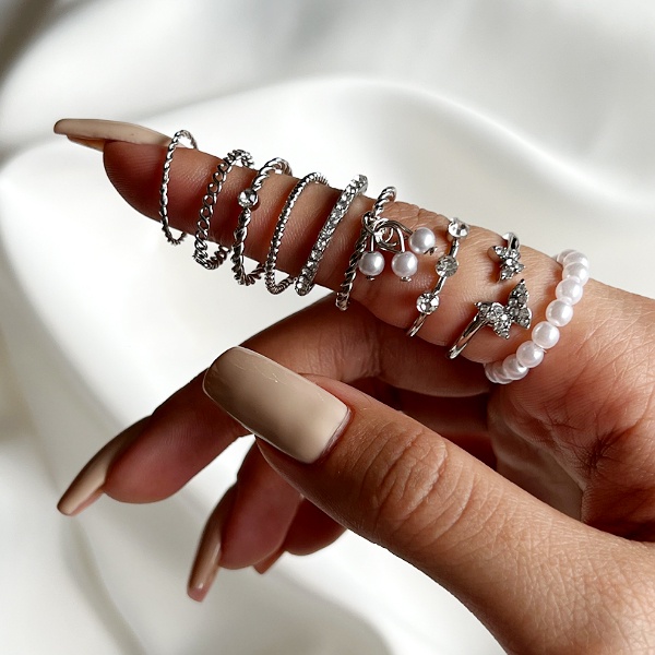 Set 9 Nhẫn Bạc Đính Hạt Giả Ngọc Trai Hình Bướm