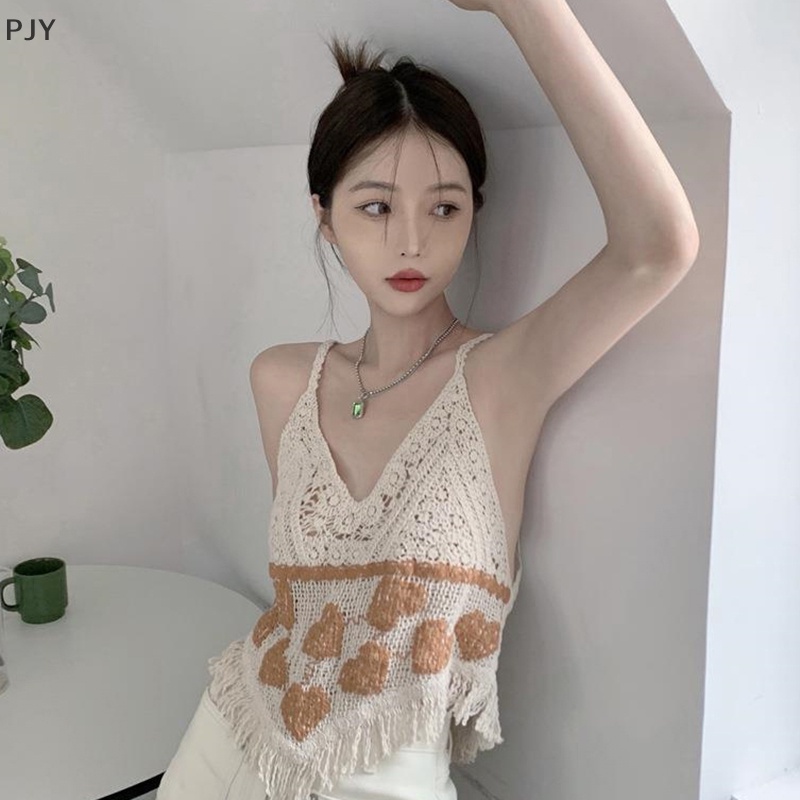 Áo Dệt Kim Sát Nách Cổ Chữ V Thêu Họa Tiết Trái Tim Phong Cách Bohemia Thời Trang Mùa Hè Cho Nữ PJ