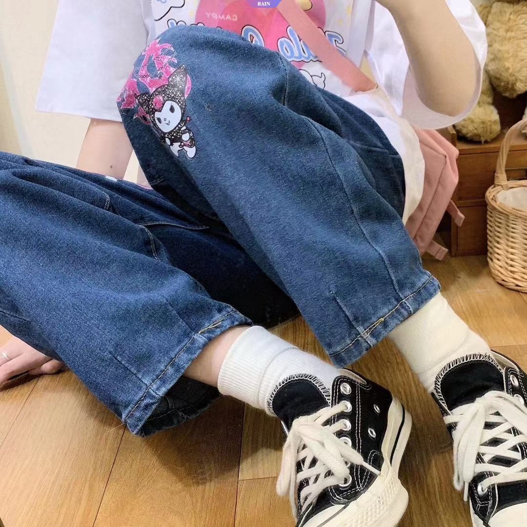 SANRIO Quần Jean Ống Rộng Họa Tiết Hoạt Hình Kuromi Phong Cách Harajuku Nhật Bản Dễ Thương Cho Nữ Y2k