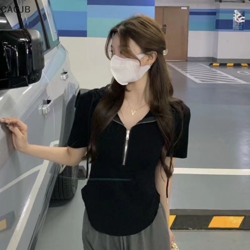 CAGJB Áo Thun Tay Ngắn Có Mũ Trùm Đầu Màu Sắc Đơn Giản Dành Cho Nữ