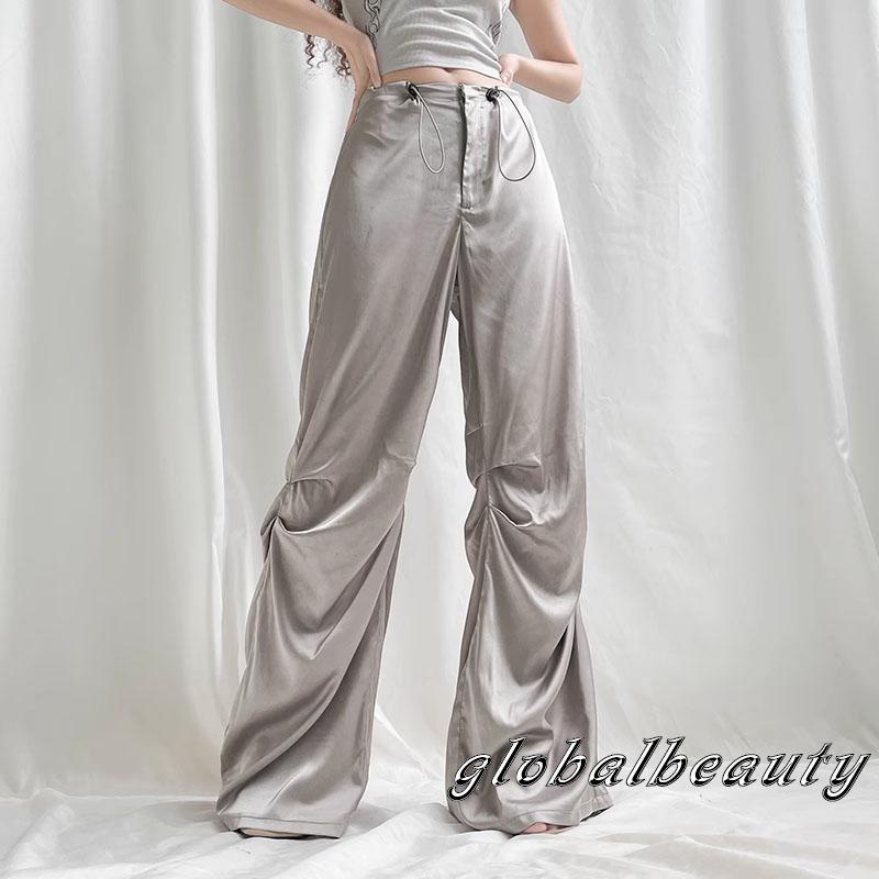 Quần Dài Satin Ống Rộng Lưng Thấp Màu Sắc Đơn Giản Thời Trang Mùa Hè Cho Nữ