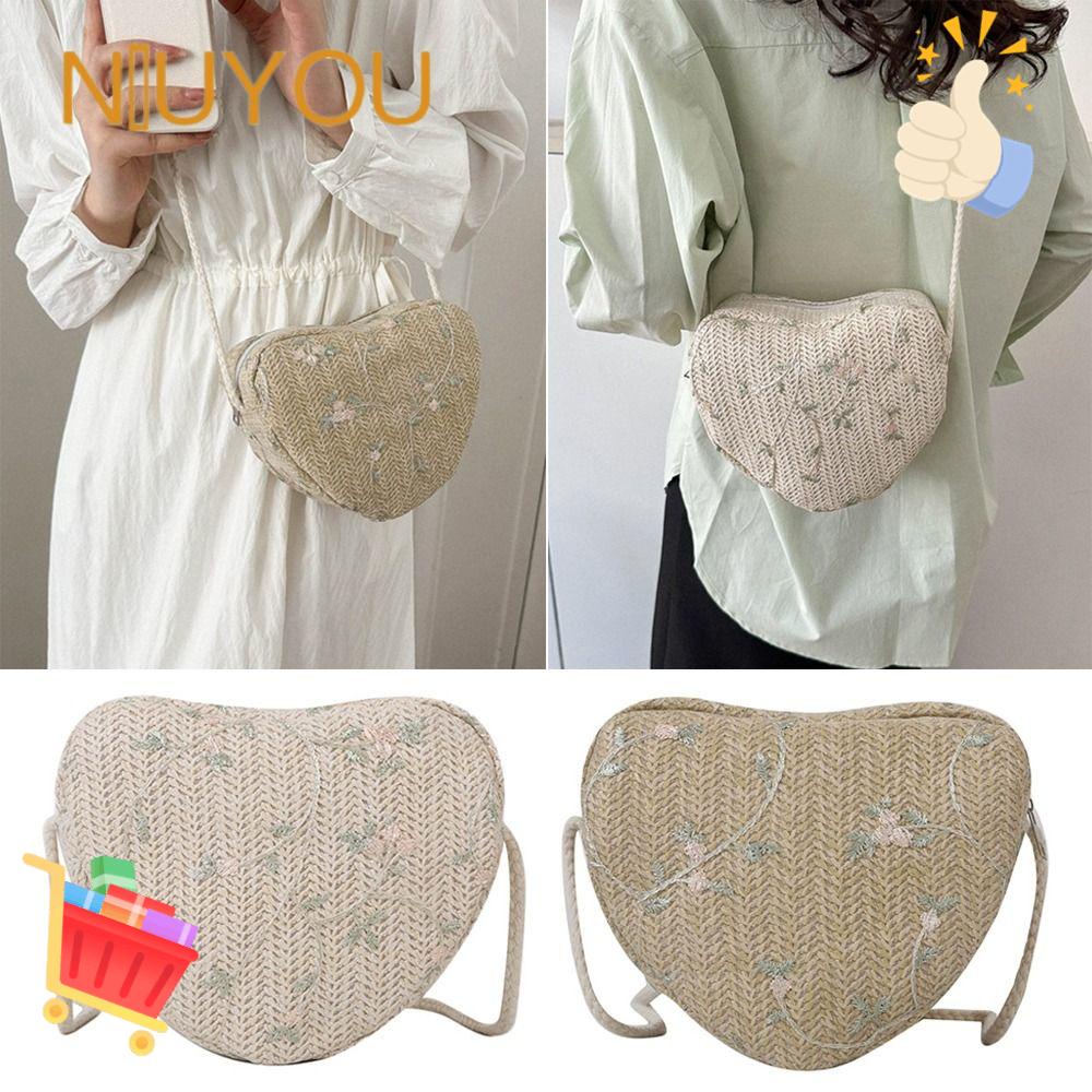 NIUYOU Túi Xách Đan Rơm Hình Trái Tim Thời Trang Mùa Hè