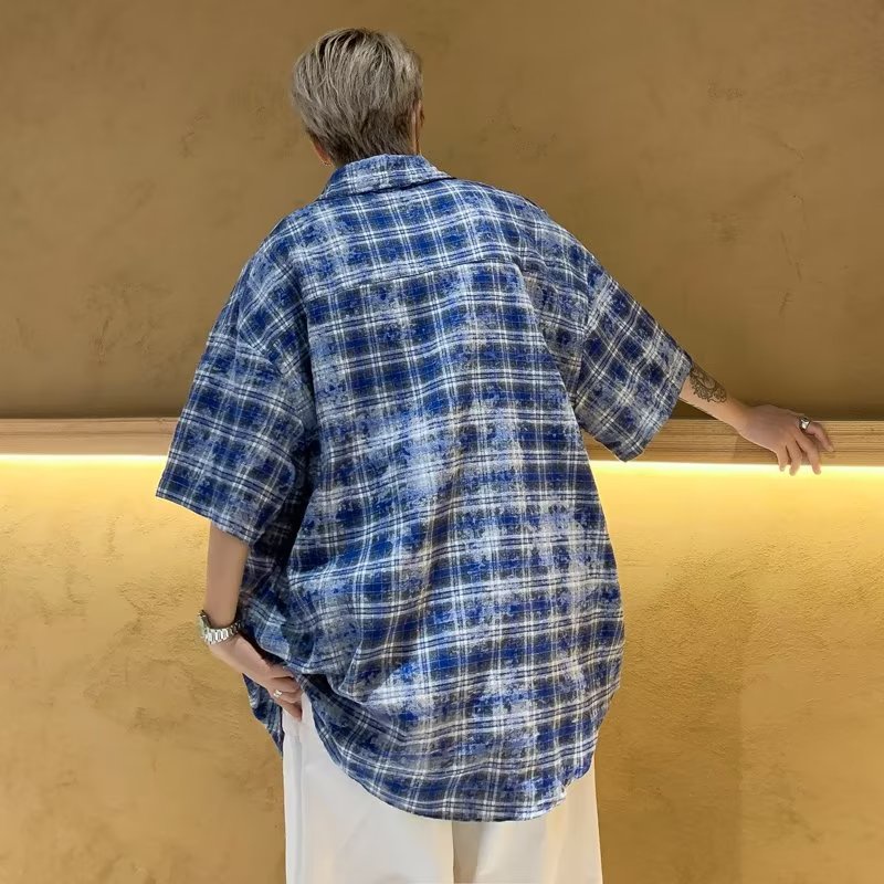 Áo Sơ Mi Tay Ngắn Dáng Rộng Họa Tiết Kẻ Sọc Phong Cách Đường Phố Mỹ Thời Trang Mùa Hè Cho Nam