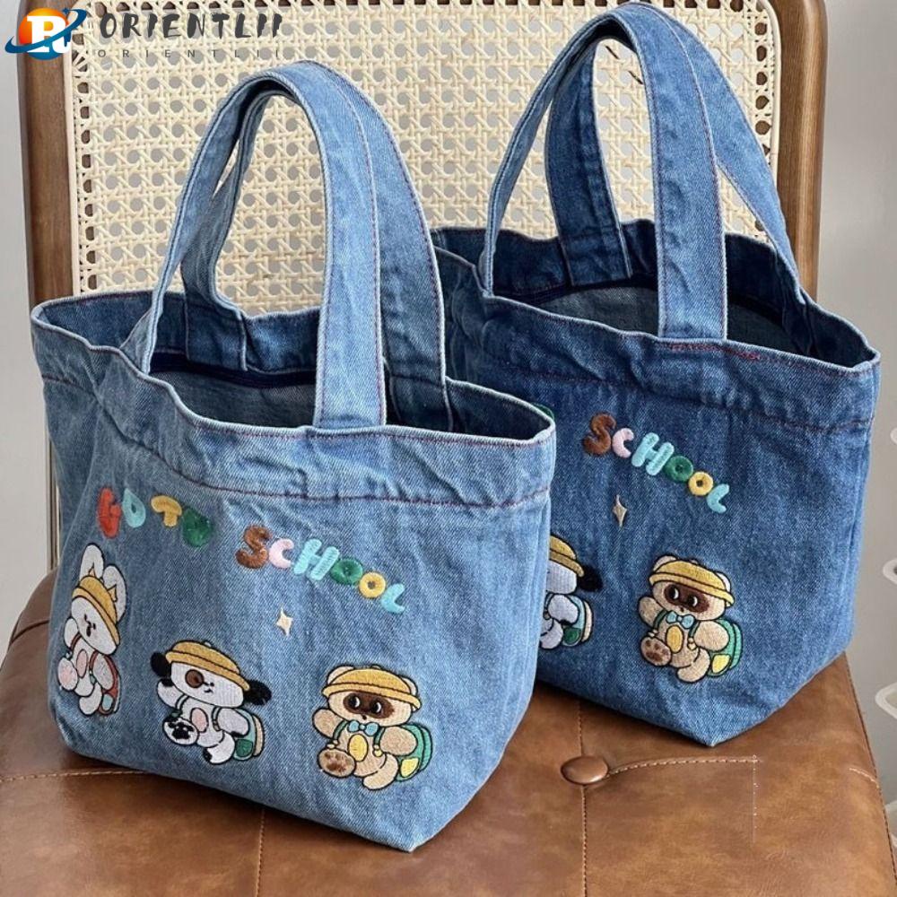 ORIENTLII Túi Tote Đựng Thức Ăn Trưa Bằng Vải Denim Thêu Họa Tiết Hoạt Hình Sức Chứa Lớn Cho Trường Học