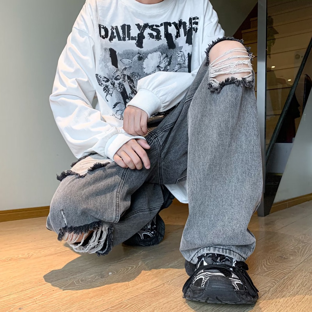 Quần Jeans Dài Phối Vết Rách Thời Trang Cá Tính Cho Nam