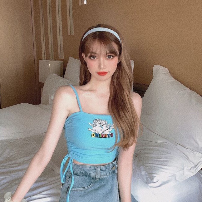 Áo Hai Dây Rút Dây Xếp Ly Ôm Dáng Thêu Họa Tiết Phong Cách Mới Quyến Rũ