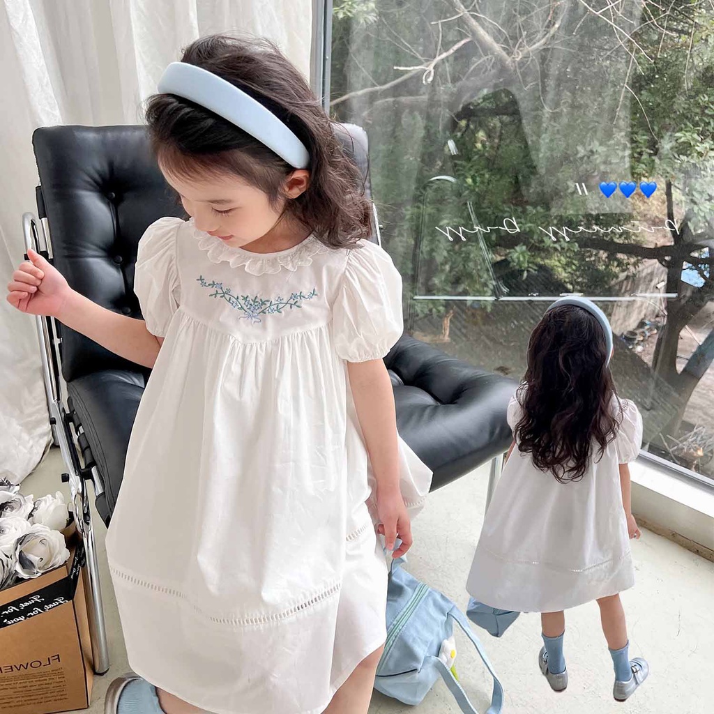Đầm Trắng Tay Phồng Thêu Họa Tiết Thời Trang Mùa Hè Dành Cho Nữ