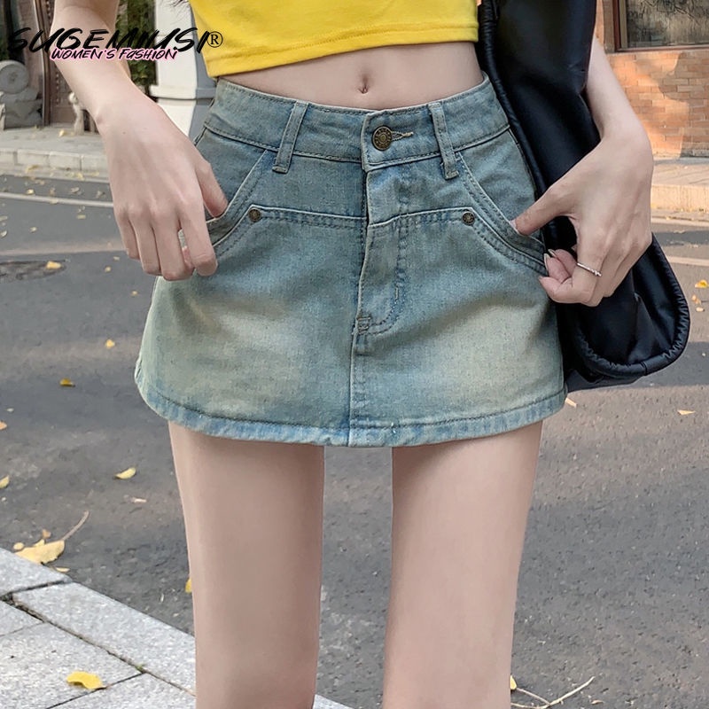Chân Váy Denim Màu Sắc Tươi Sáng Phong Cách Retro Dành Cho Nữ
