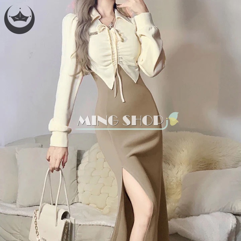 Đầm Giả Hai Lớp Cổ Chữ V Màu Sắc Tương Phản Phong Cách Retro Dành Cho Nữ