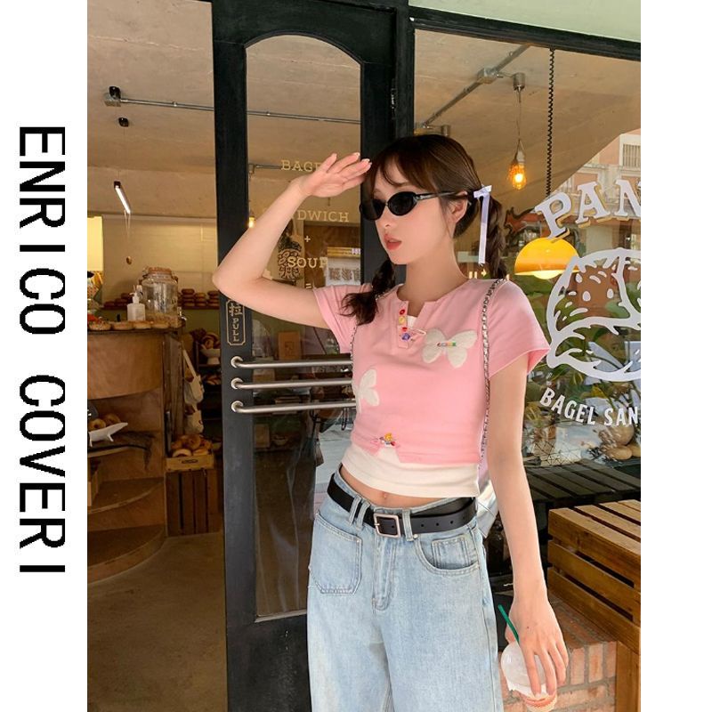 Áo Thun Tay Ngắn Giả Hai Lớp Dáng Ôm Họa Tiết Bướm Dễ Thương Thời Trang Mùa Hè