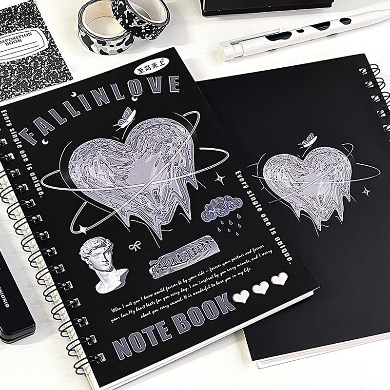 [Dhin] Set 50 Tờ Sổ Tay A5 Bìa Đen Họa Tiết Hoạt Hình Đơn Giản Phong Cách Ins Retro Dành Cho Học Sinh / Nhật Ký