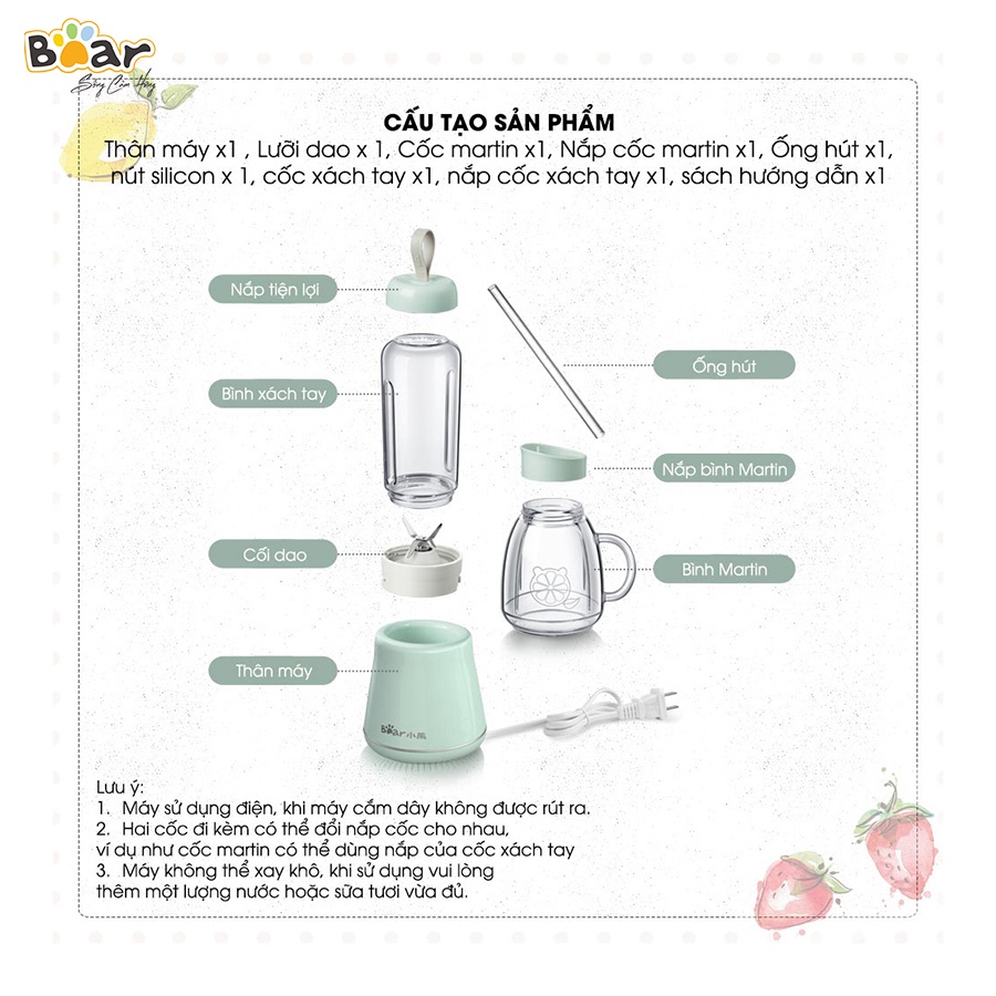 Máy Xay Sinh Tố Cầm Tay Bear, Xay Hoa Quả Công Suất Lớn, Chất Liệu An Toàn LLJ-D04A1 - Hàng Chính Hãng