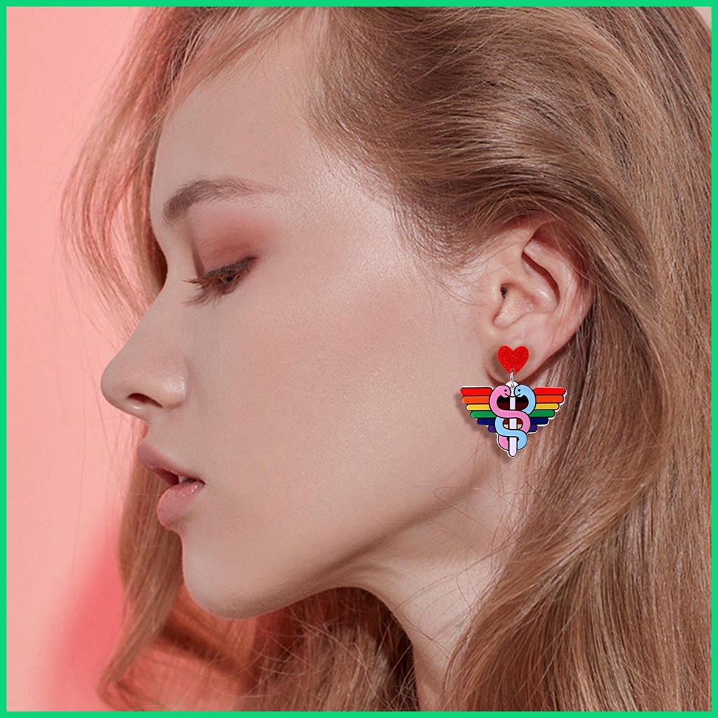 Bông Tai Dáng Dài Hình Trái Tim Màu Cầu Vồng Thời Trang