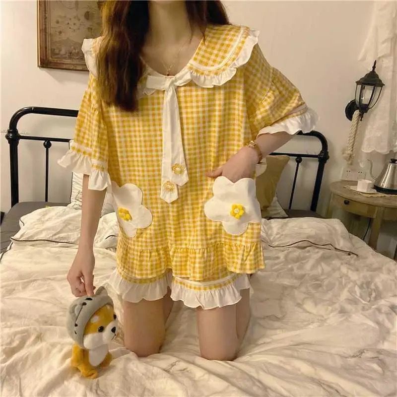 Bộ Đồ Ngủ Cổ Búp Bê Dễ Thương Thời Trang Mùa Hè Cho Bạn Gái