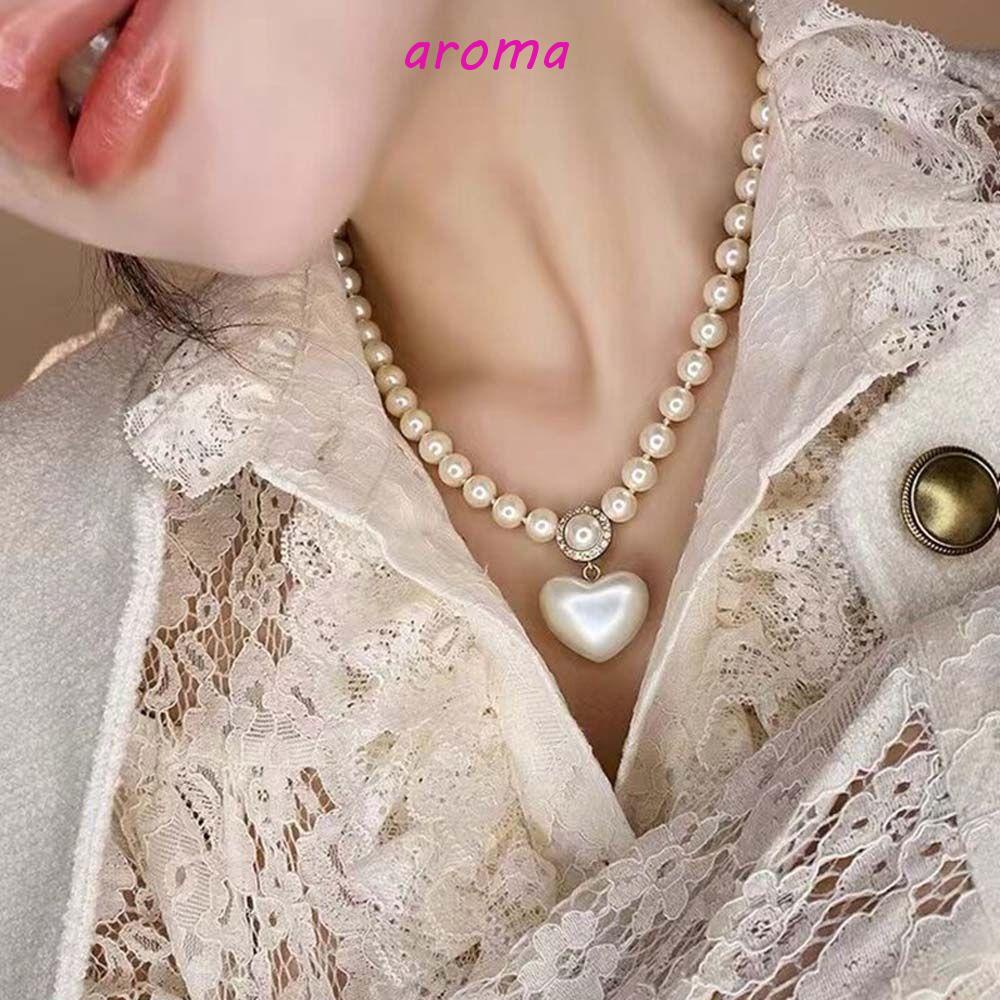 AROMA Vòng cổ Choker Mặt Trái Tim Đính Ngọc Trai Nhân Tạo Phong Cách Hàn Quốc
