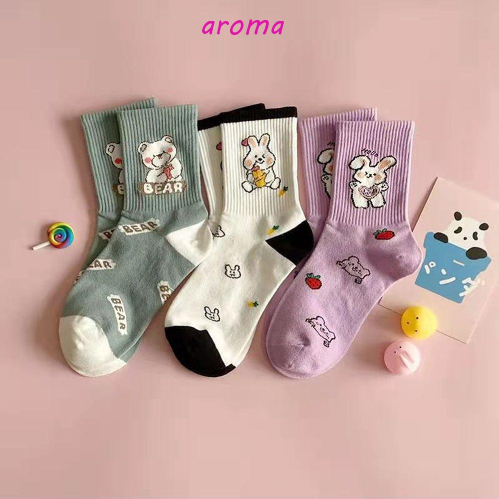 AROMA Vớ Cotton Cổ Trung In Họa Tiết Thỏ / Gấu Dễ Thương Thoải Mái Cho Nữ