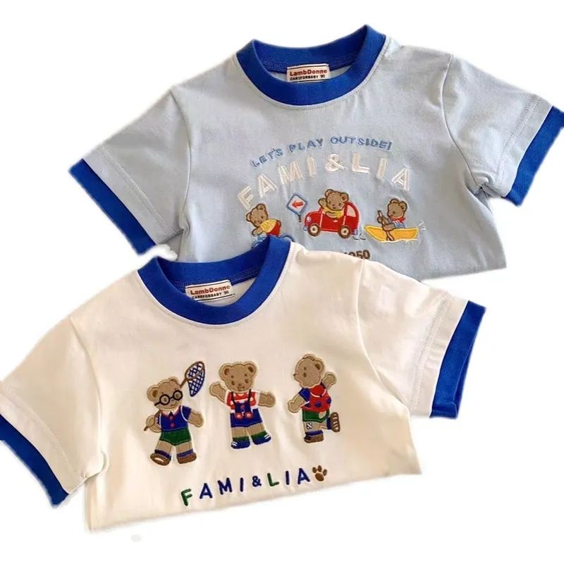 Áo Thun Cotton Tay Ngắn Cổ Tròn Thêu Họa Tiết Hoạt Hình Phong Cách Phương Tây Thời Trang Mùa Hè Cho Bé Gái