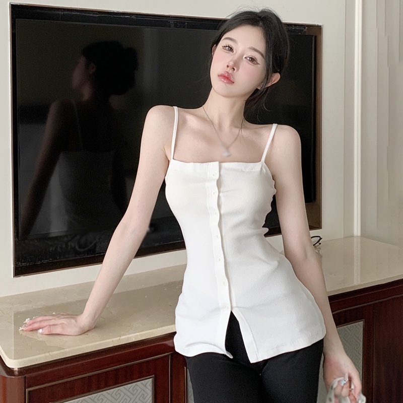 Áo Hai Dây Ôm Dáng Màu Trơn Đính Nút Phong Cách Retro Hàn Quốc Cho Nữ