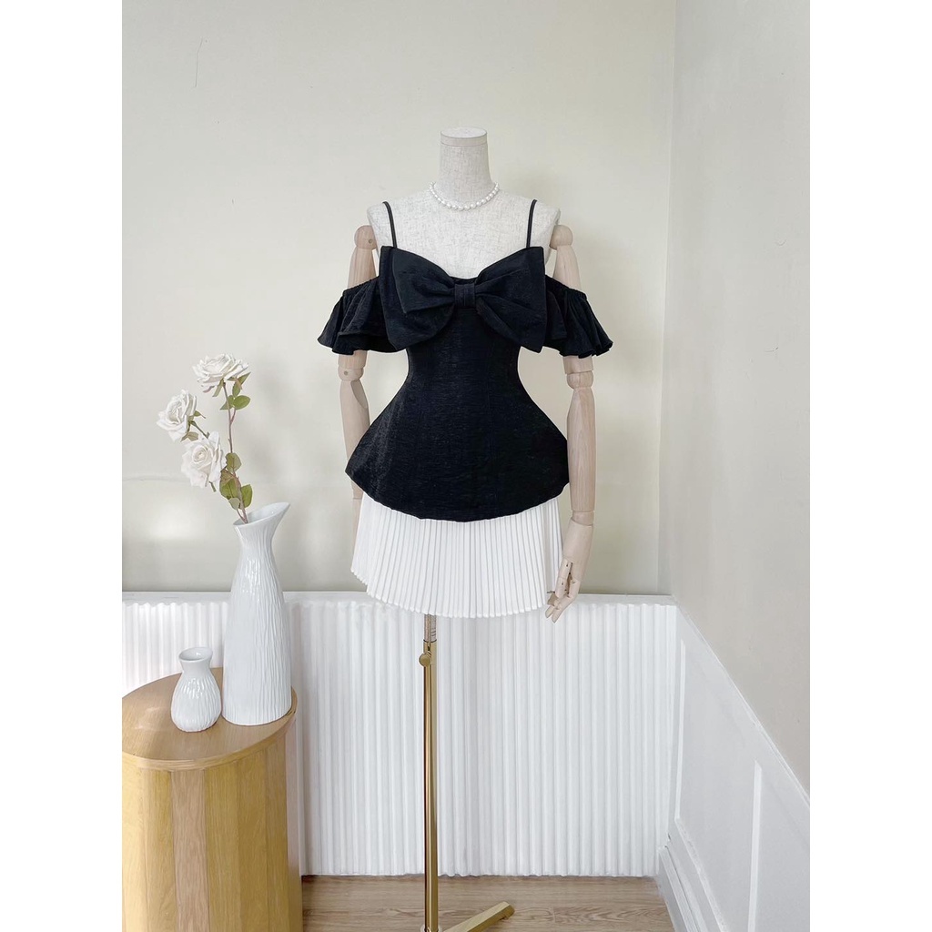 Áo peplum 2 dây nơ to tay rớt vải gân xượt siêu đẹp