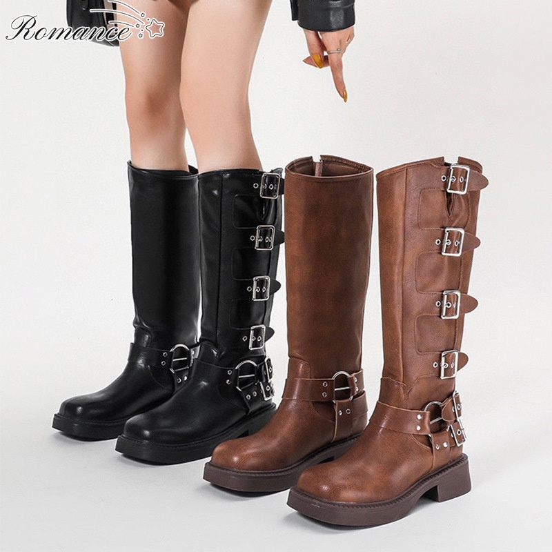 Miu Giày Bốt Da Cổ Cao Qua Gối Phối Khóa Kim Loại Phong Cách retro Phương Tây Cho Nữ