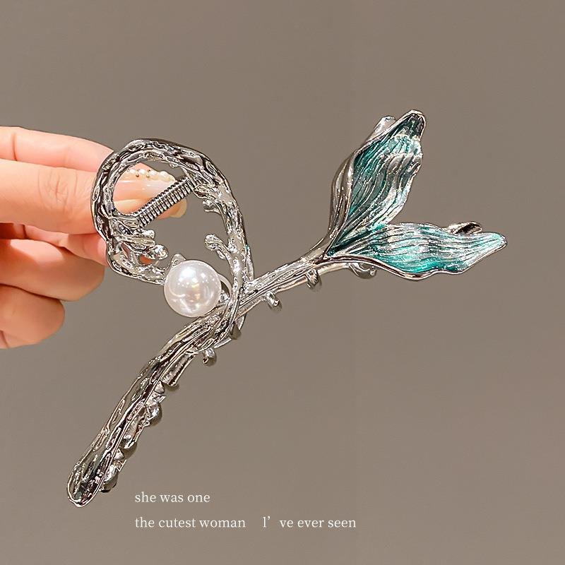 Kẹp Tóc Hình Đuôi Cá Đính Ngọc Trai Giả 13cm Bằng Kim Loại Cho Nữ