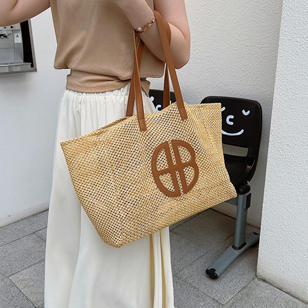 FALLFORBEAUTY Túi Xách Đan Rơm In Chữ Phong Cách Bohemian Thanh Lịch Cho Nữ