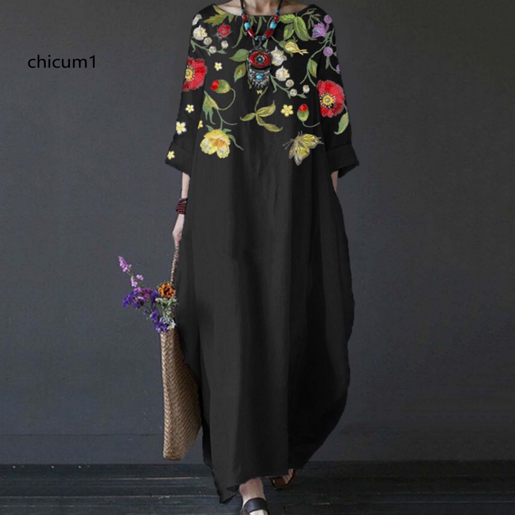 Đầm Maxi Cổ Tròn Tay 3 / 4 In Họa Tiết Hoa Lá Thời Trang Xuân Thu Xinh Xắn Cho Nữ