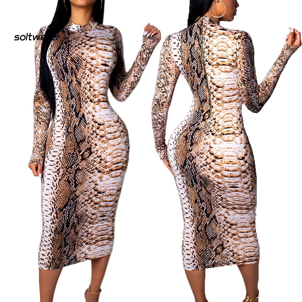 Đầm Midi Tay Ngắn / Dài Dáng Ôm In Họa Tiết Da Rắn Thời Trang Quyến Rũ Cho Nữ