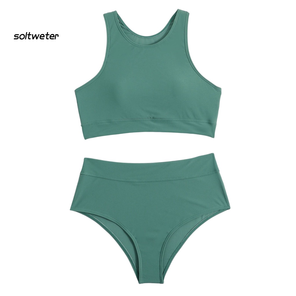 Bộ Bikini 2 Mảnh Không Gọng Cổ Tròn Lưng Cao Màu Trơn Cho Nữ