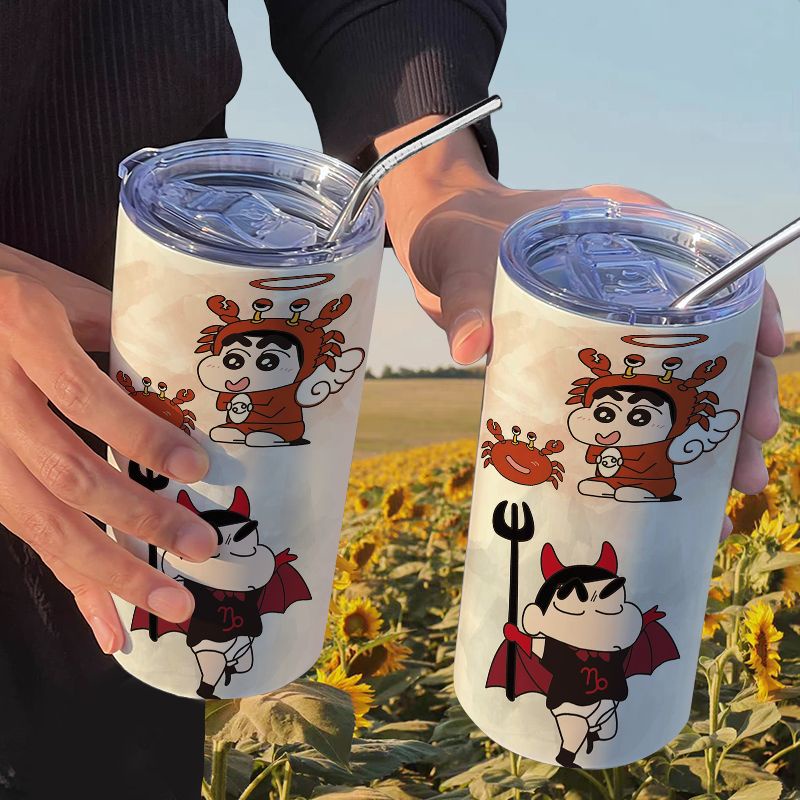 Bình Nước Giữ Nhiệt Bằng Thép Không Gỉ Họa Tiết Hoạt Hình Cậu Bé Bút Chì Shin-Chan Kèm Ống