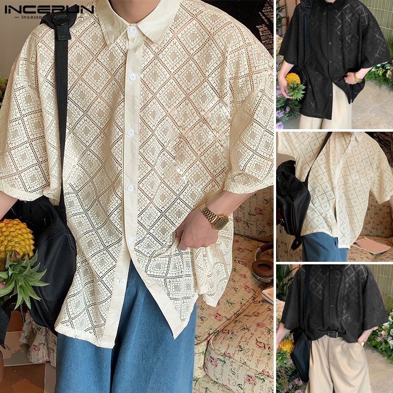 INCERUN Áo Sơ Mi Ngắn Tay Khoét Lỗ Phong Cách Vintage Hàn Quốc Cho Nam